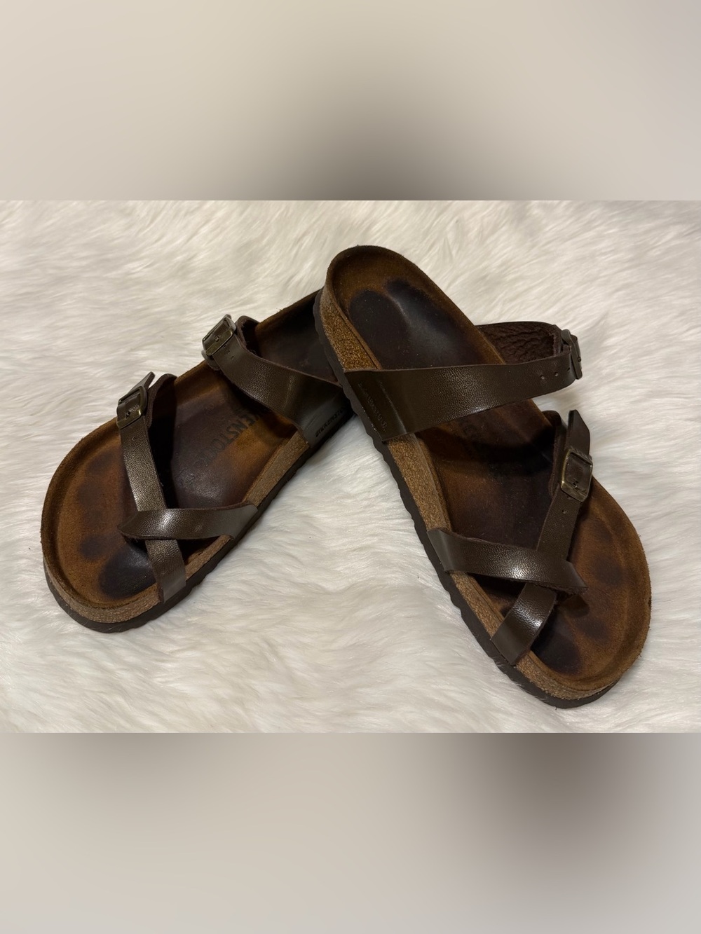 Birkenstock Mayari Burke Flori Gold Brown Leather Crisscross Strap Sandals